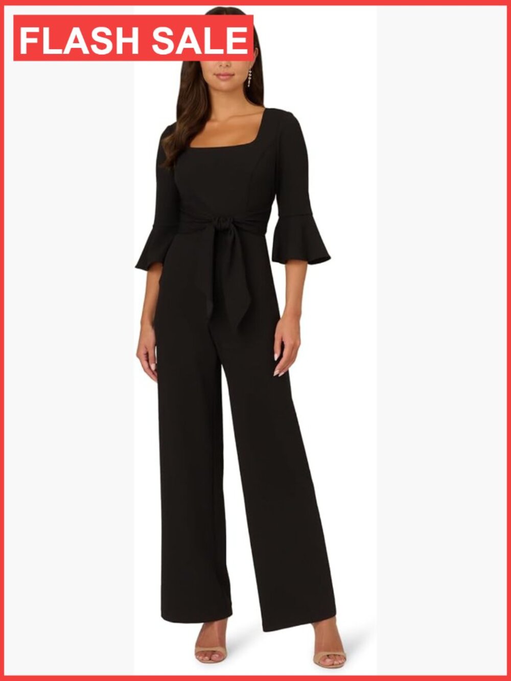 Knit Crepe Tie Front Jumpsuit with Bell Sleeves & Wide Leg